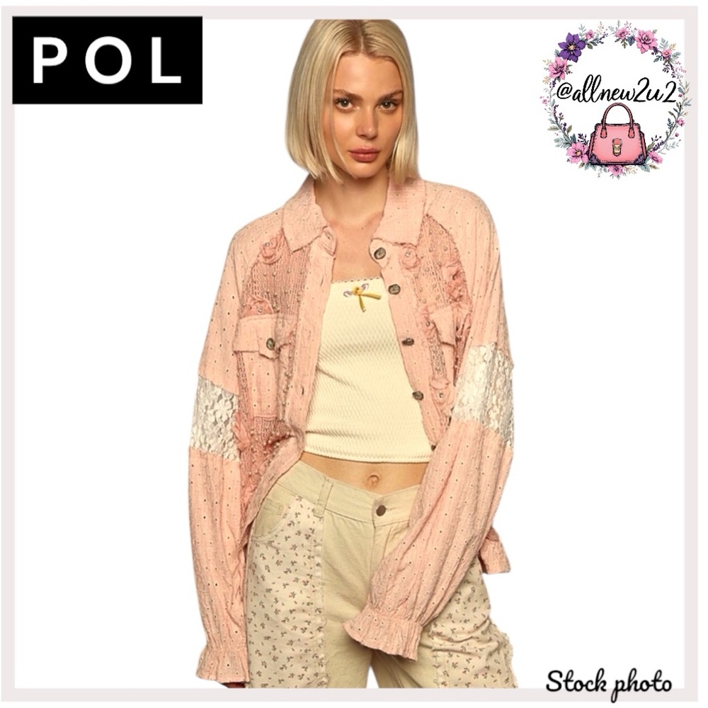 POL Rosette Jacket Pink Cream White Lace Pearl Details Long Sleeves
